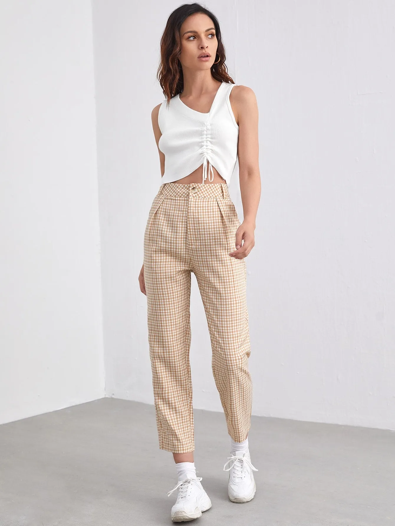 Preppy Plaid Zipper High Waist Cropped Women Pants