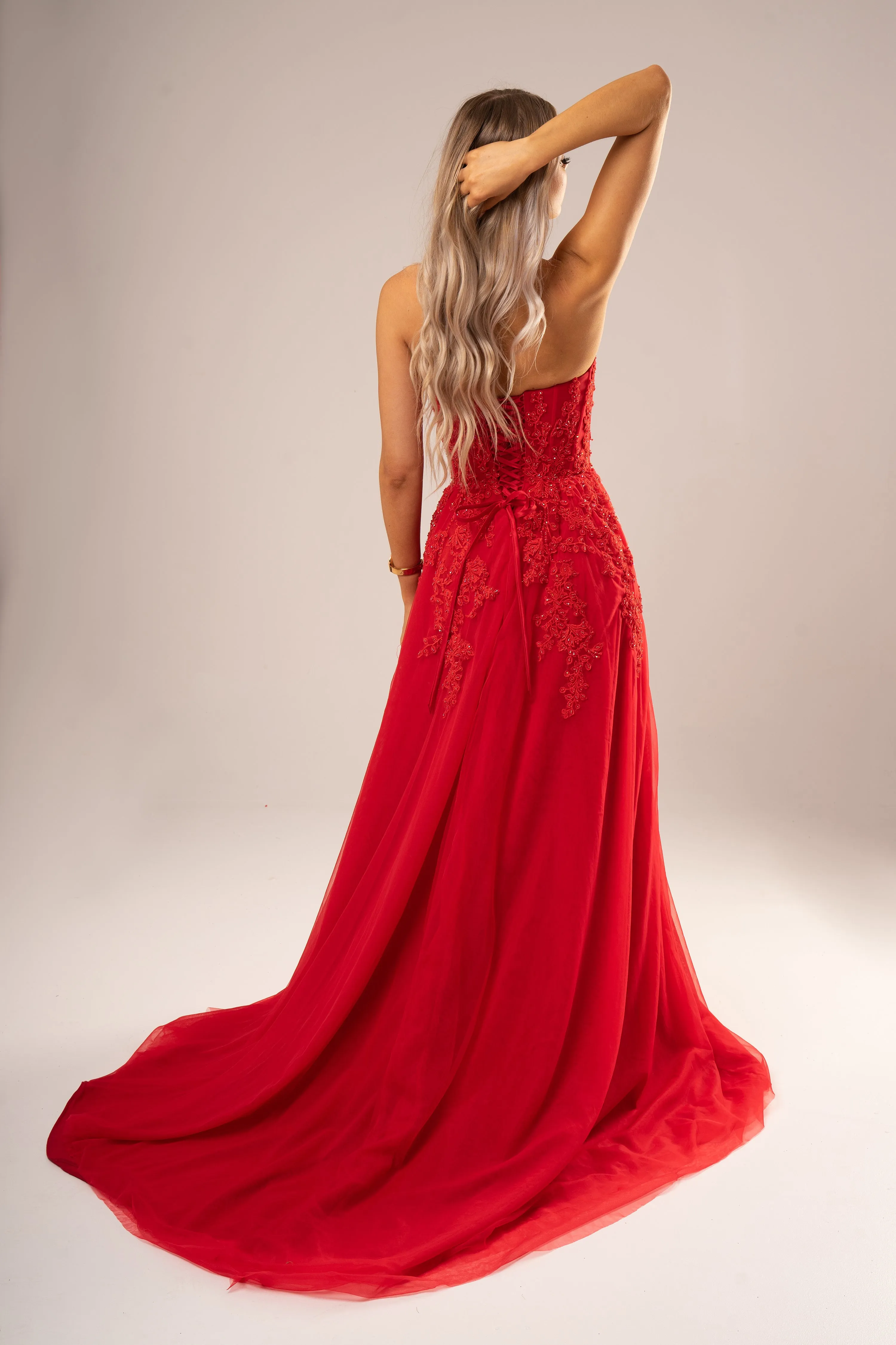 Red bustier top tulle dress with slit