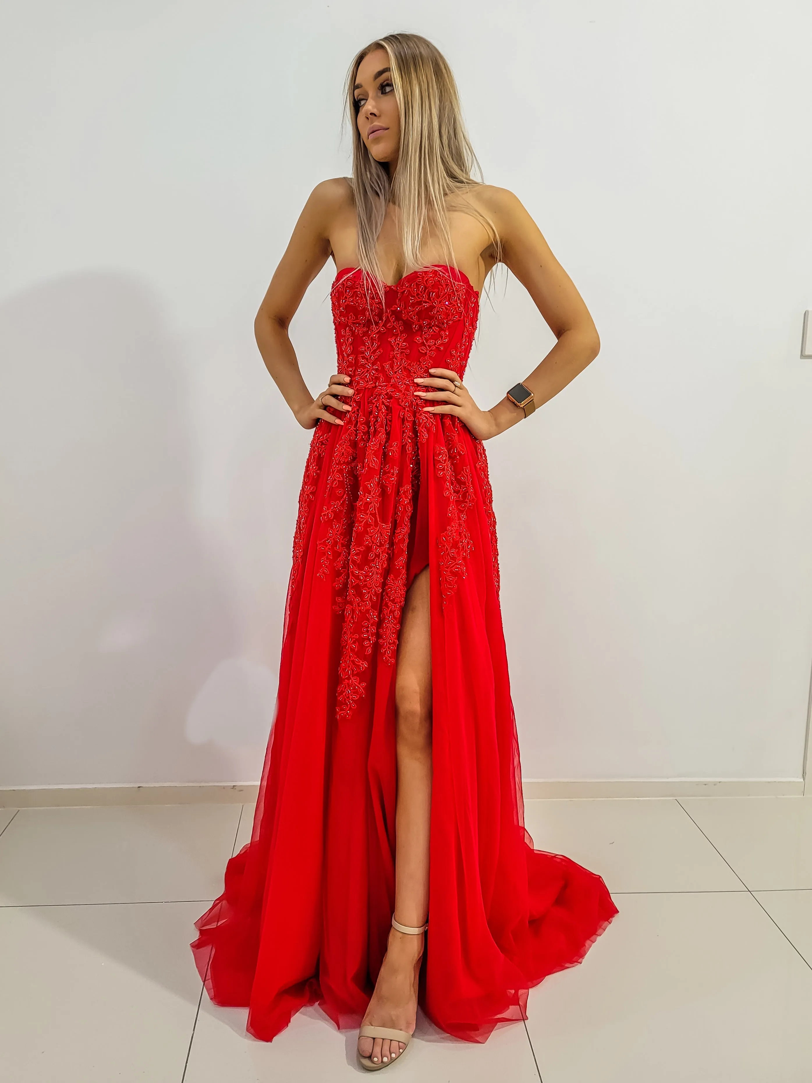 Red bustier top tulle dress with slit