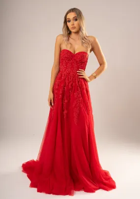 Red bustier top tulle dress with slit