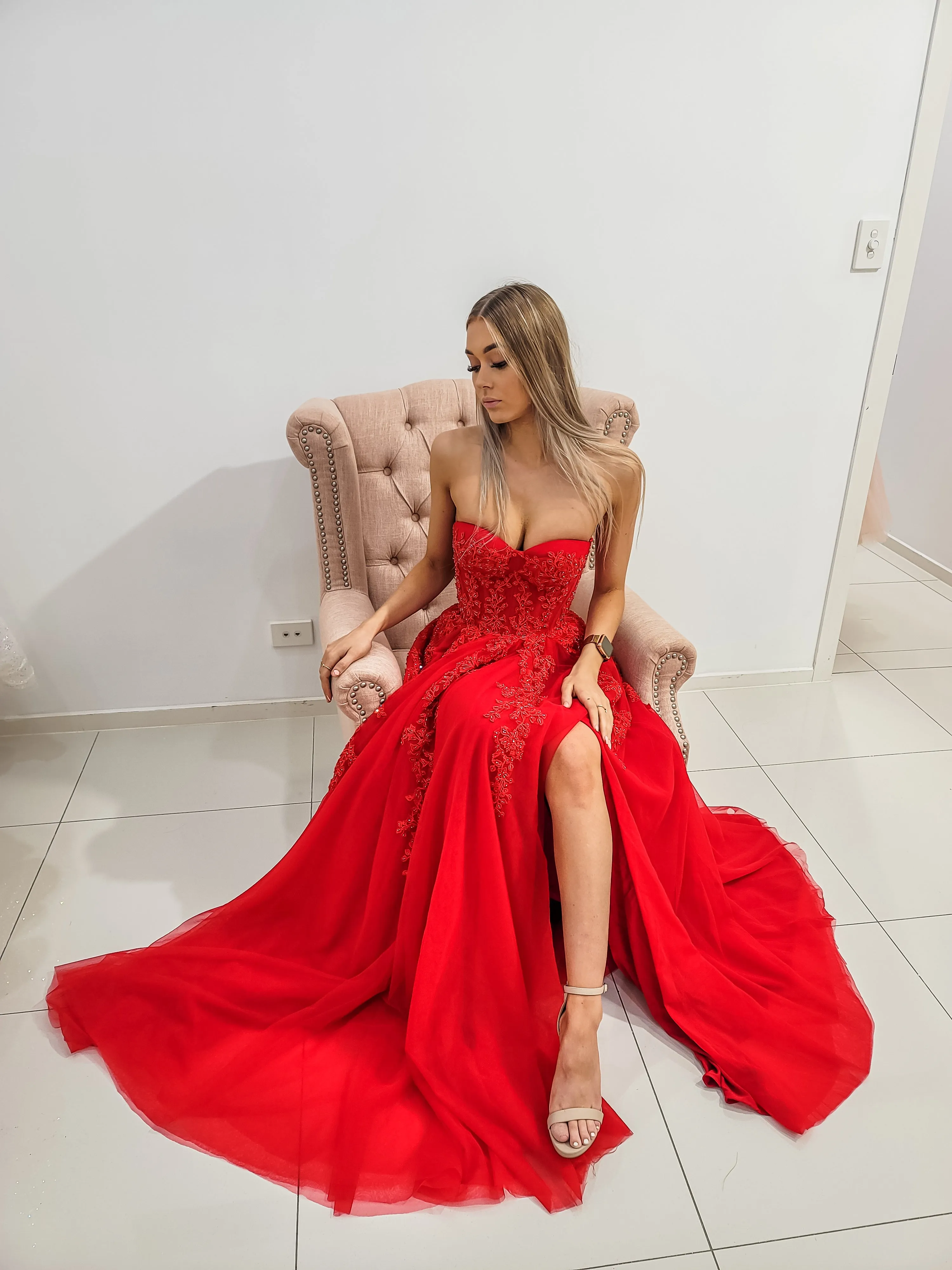 Red bustier top tulle dress with slit