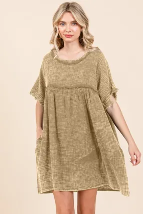 Short Sleeve Babydoll Mineral Wash Texture Dress with Pockets in Iced Coffee Taupe