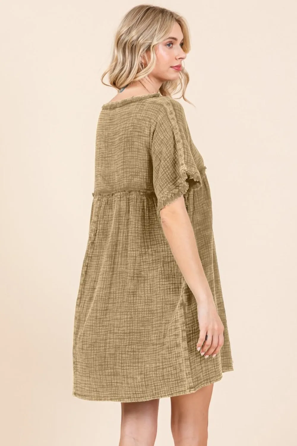 Short Sleeve Babydoll Mineral Wash Texture Dress with Pockets in Iced Coffee Taupe