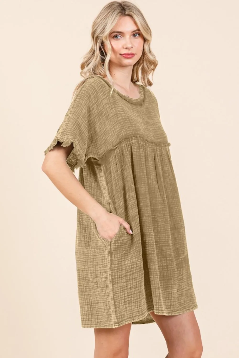 Short Sleeve Babydoll Mineral Wash Texture Dress with Pockets in Iced Coffee Taupe