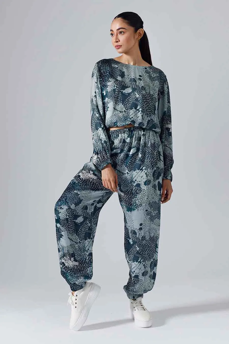 Teal Printed Dash Joggers Set