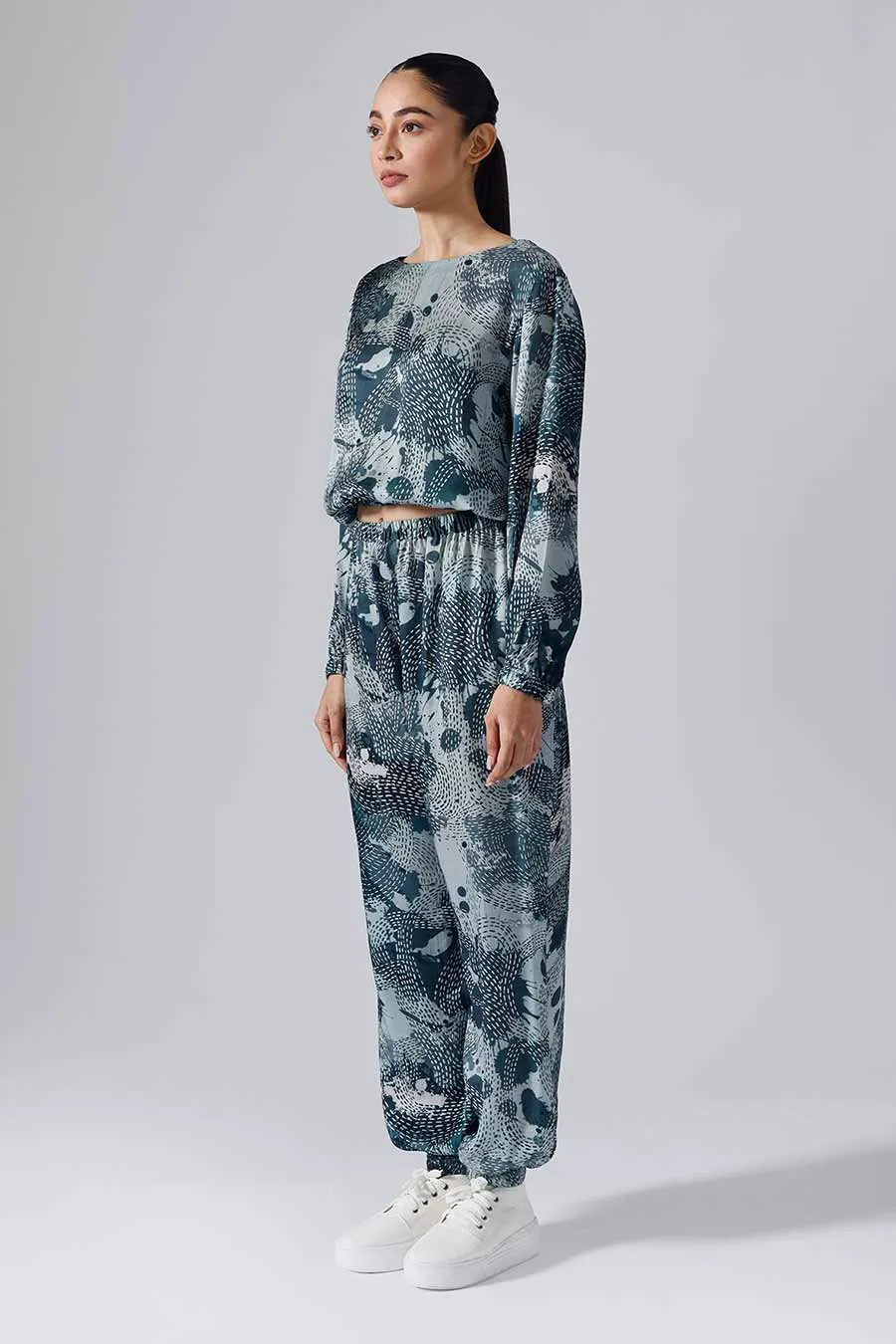Teal Printed Dash Joggers Set