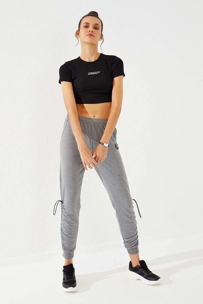 TMY Gray Melange Extra Detailed Comfortable Fit Cuffed Women's Sweatpants - 94587 - Alicante