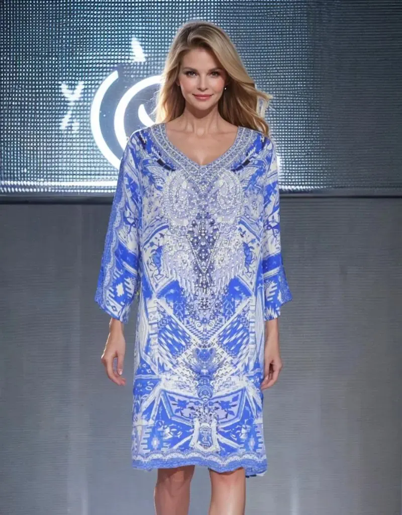 Venice 3/4 sleeve Silk Embellished Tunic Dress
