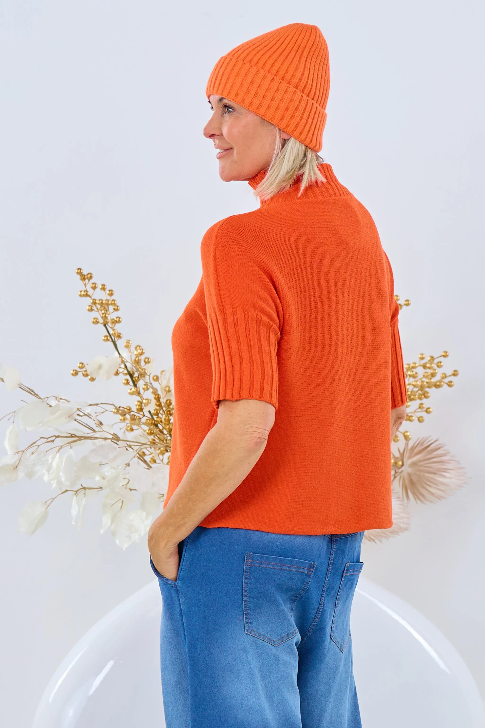 Weicher Kurzarm Pulli mit Turtleneck, orange
