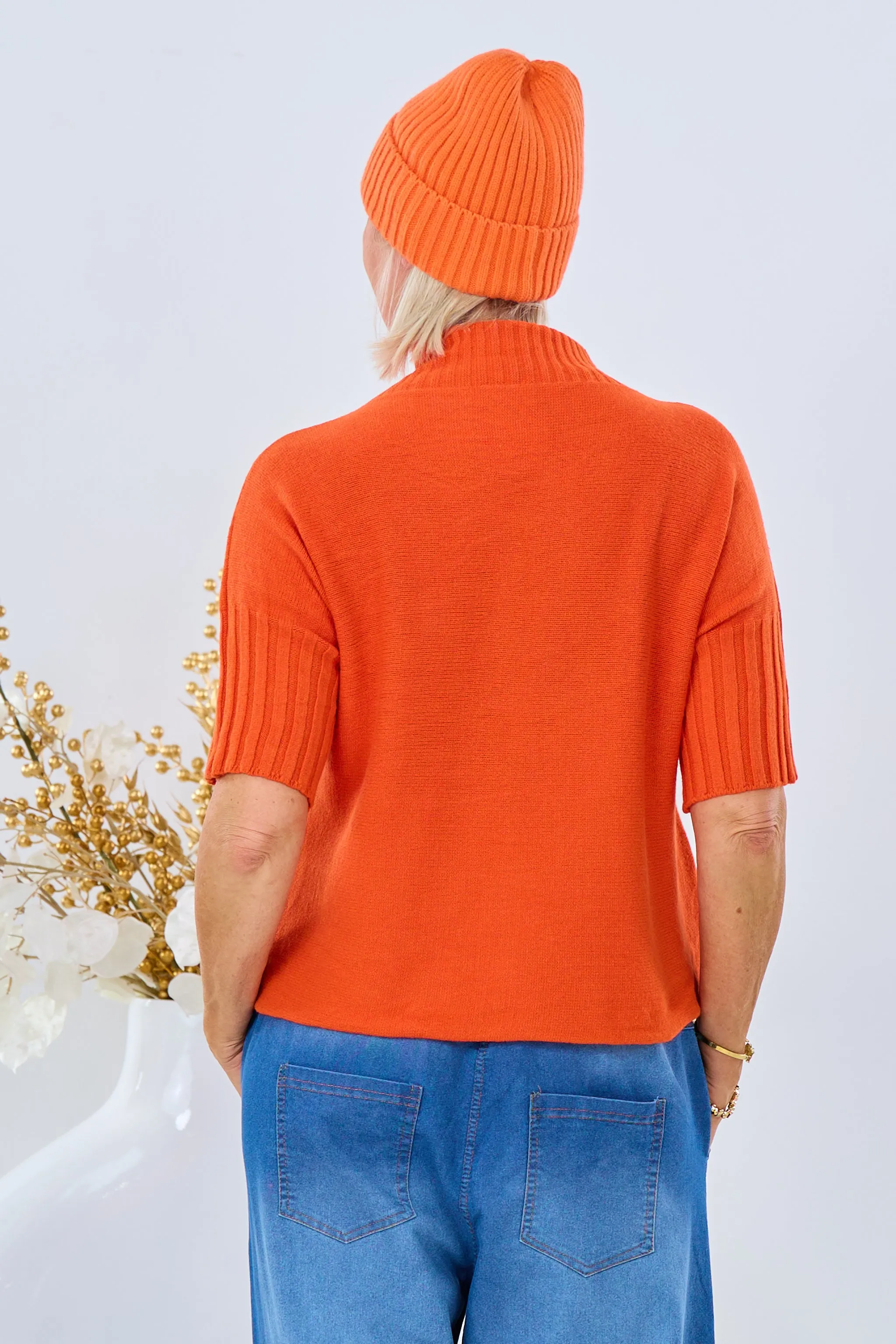 Weicher Kurzarm Pulli mit Turtleneck, orange