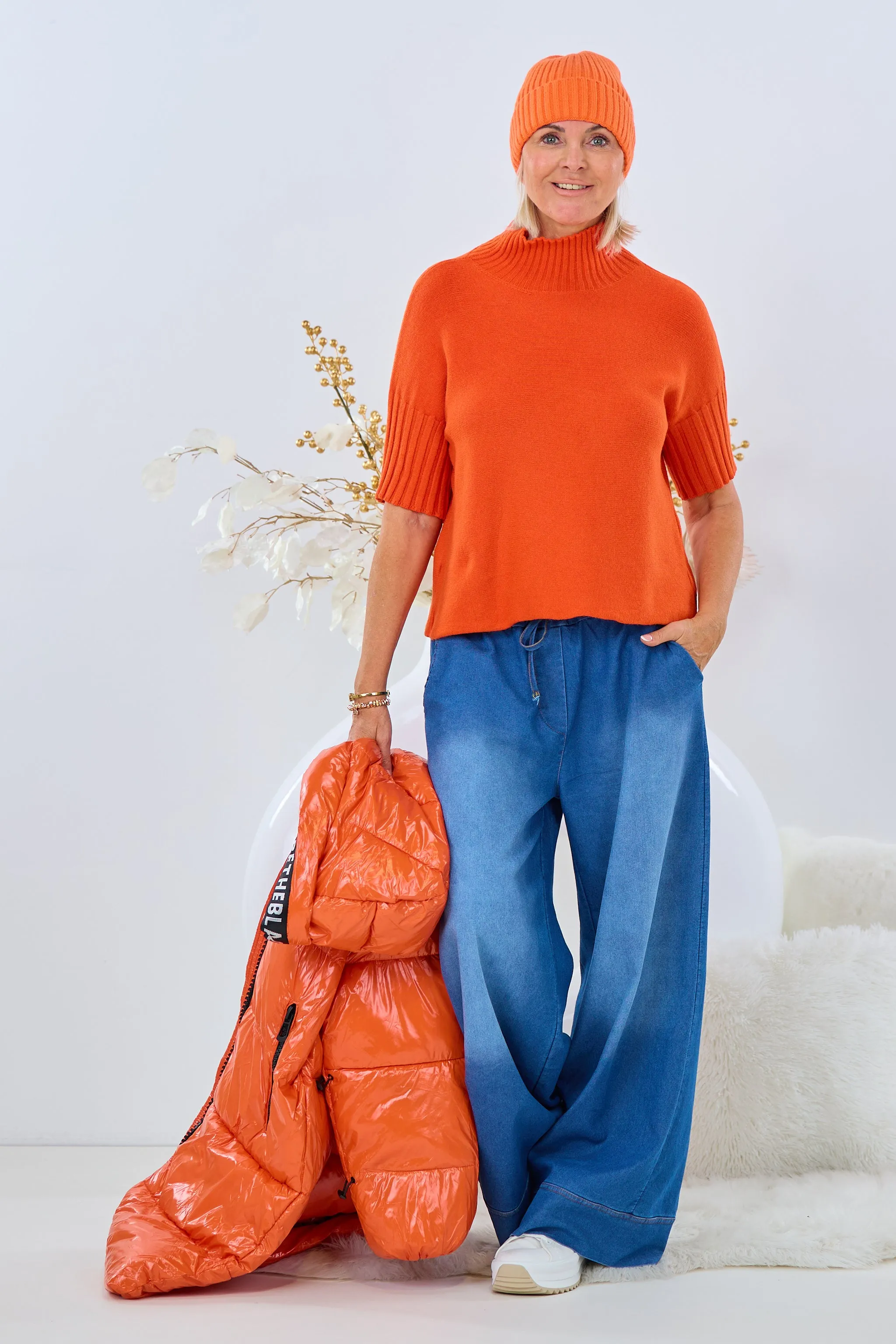 Weicher Kurzarm Pulli mit Turtleneck, orange
