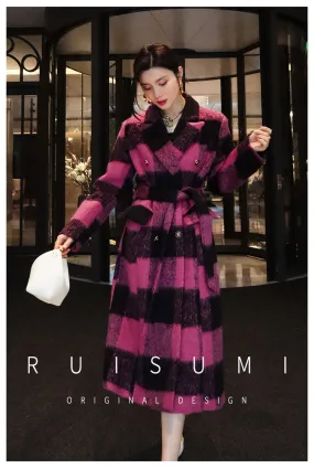 Winter New Design Sense Contrasting Pink Black Plaid Retro Wool Coat  Double-breasted Long Coat- Cochela