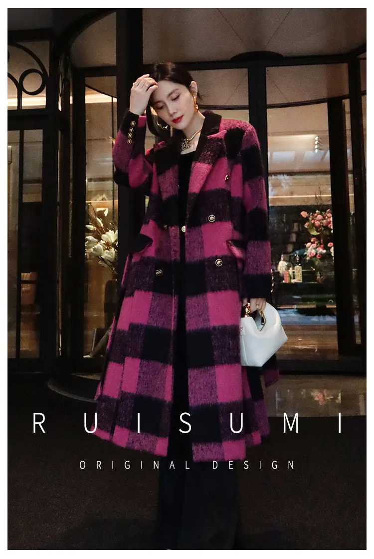 Winter New Design Sense Contrasting Pink Black Plaid Retro Wool Coat  Double-breasted Long Coat- Cochela