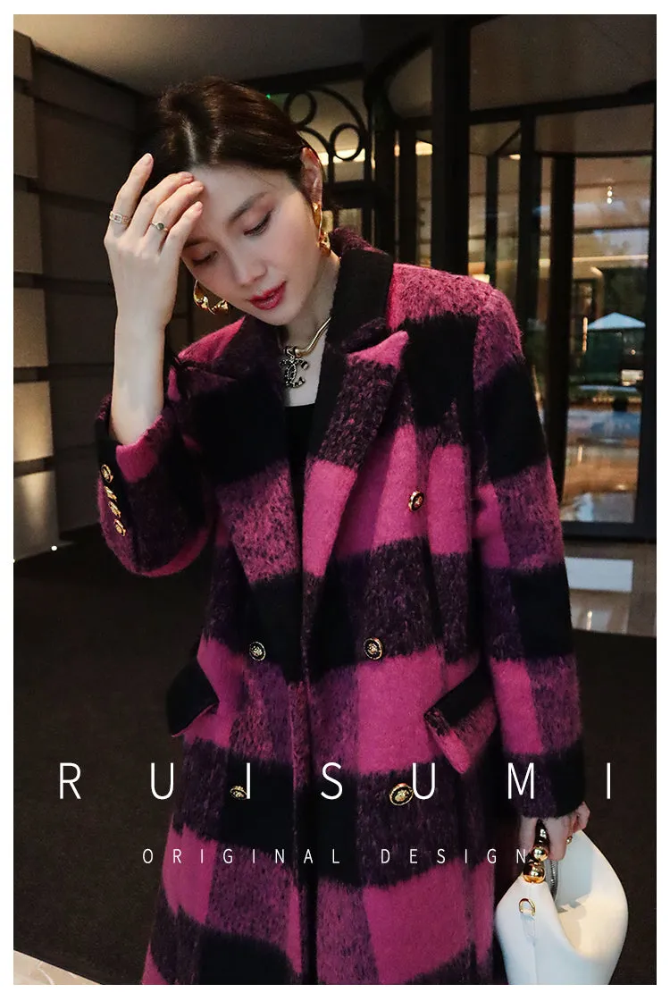 Winter New Design Sense Contrasting Pink Black Plaid Retro Wool Coat  Double-breasted Long Coat- Cochela