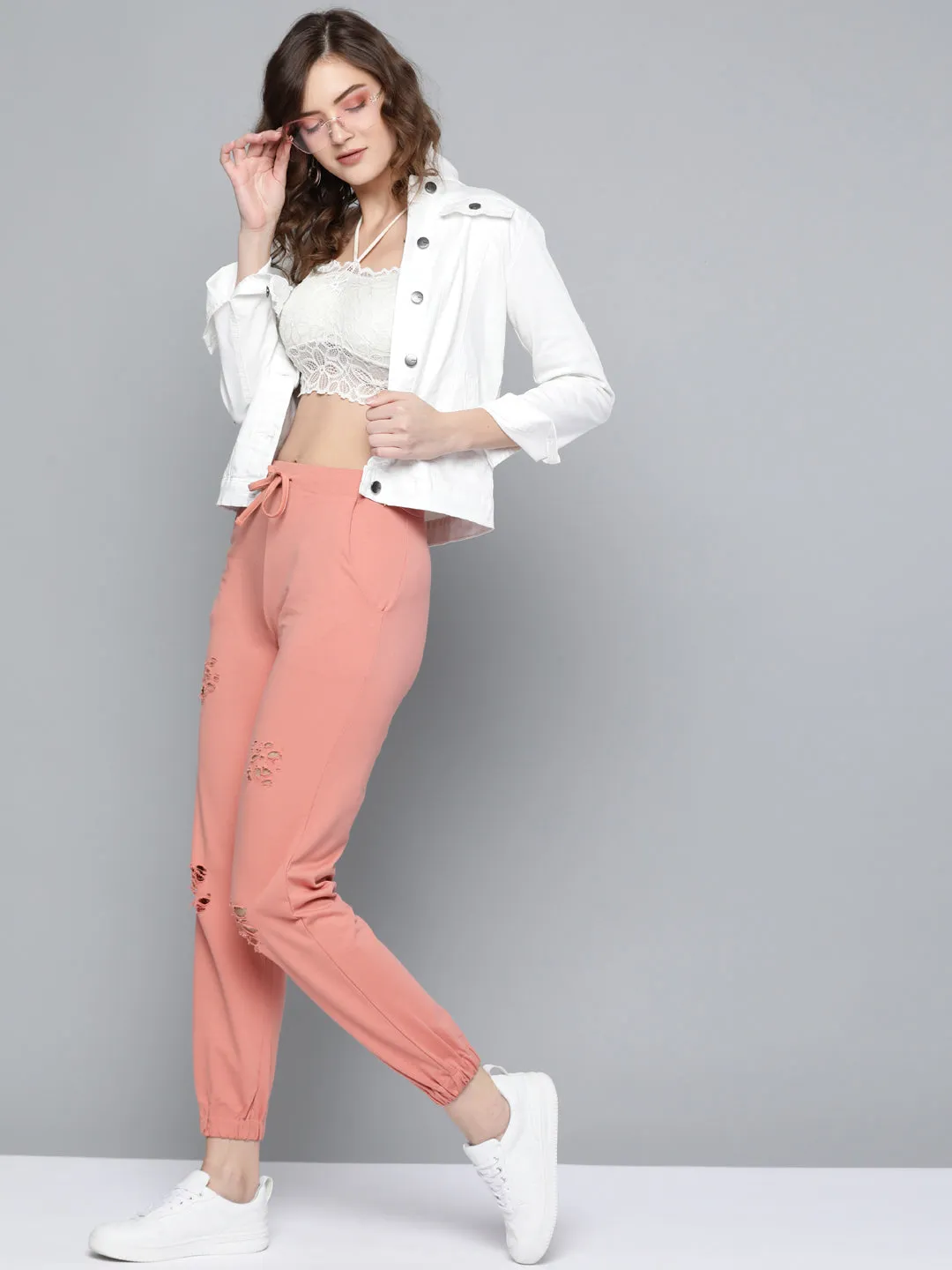 Women Peach Terry Ripped Joggers