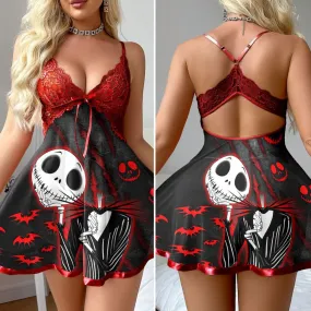 Women's Red Lace Nightgown, Soft Strappy Back Nightmare Babydoll Lingerie Set
