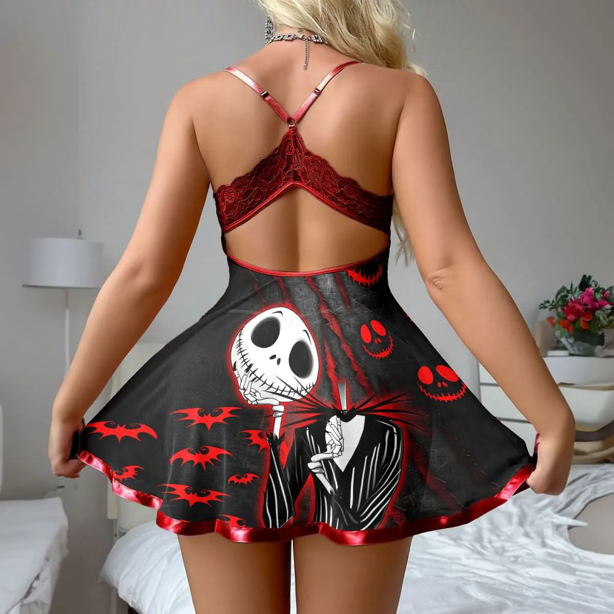 Women's Red Lace Nightgown, Soft Strappy Back Nightmare Babydoll Lingerie Set