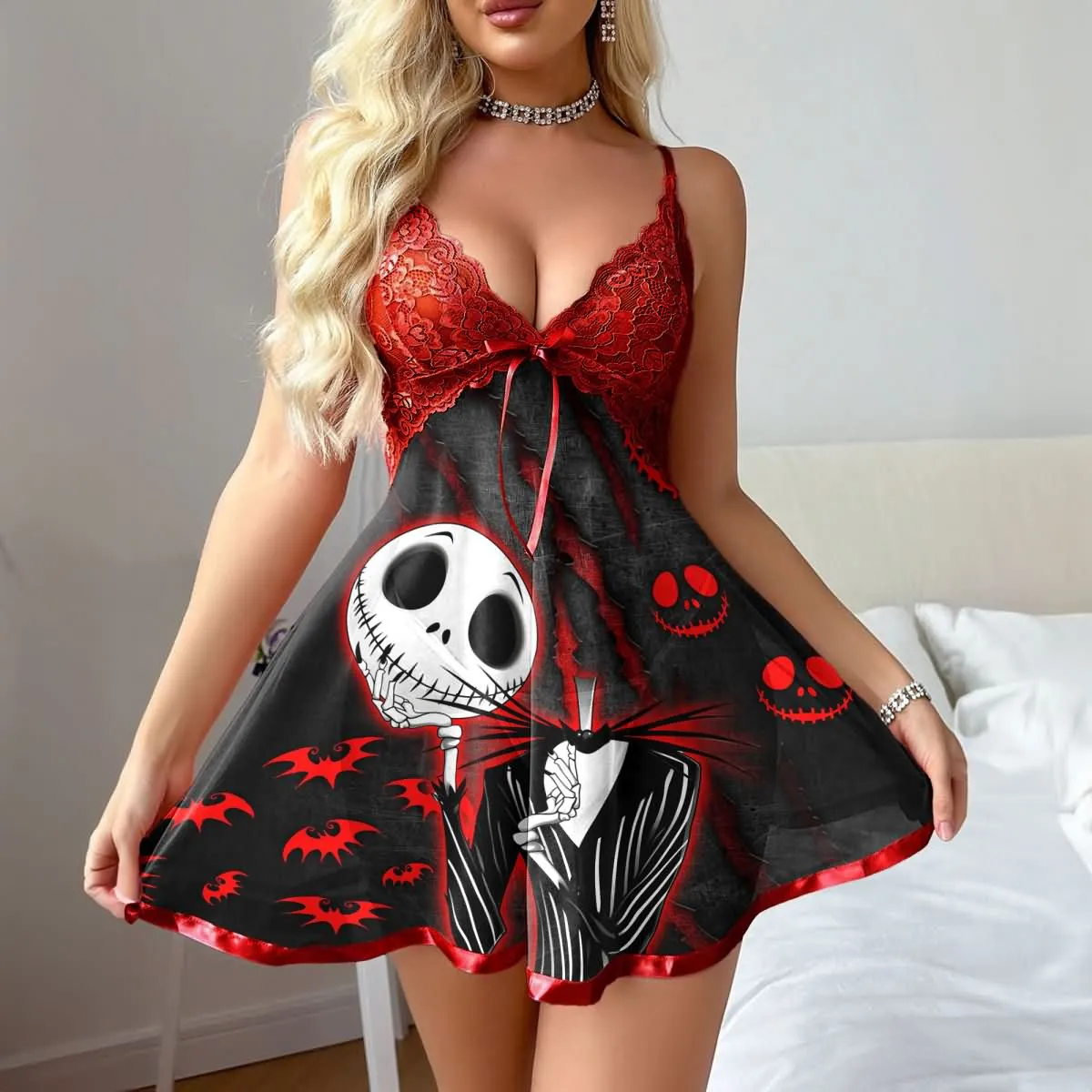 Women's Red Lace Nightgown, Soft Strappy Back Nightmare Babydoll Lingerie Set