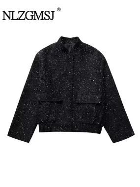 Women's Shiny Sequin Y2k Stand Collar Long Sleeve Short Jacket