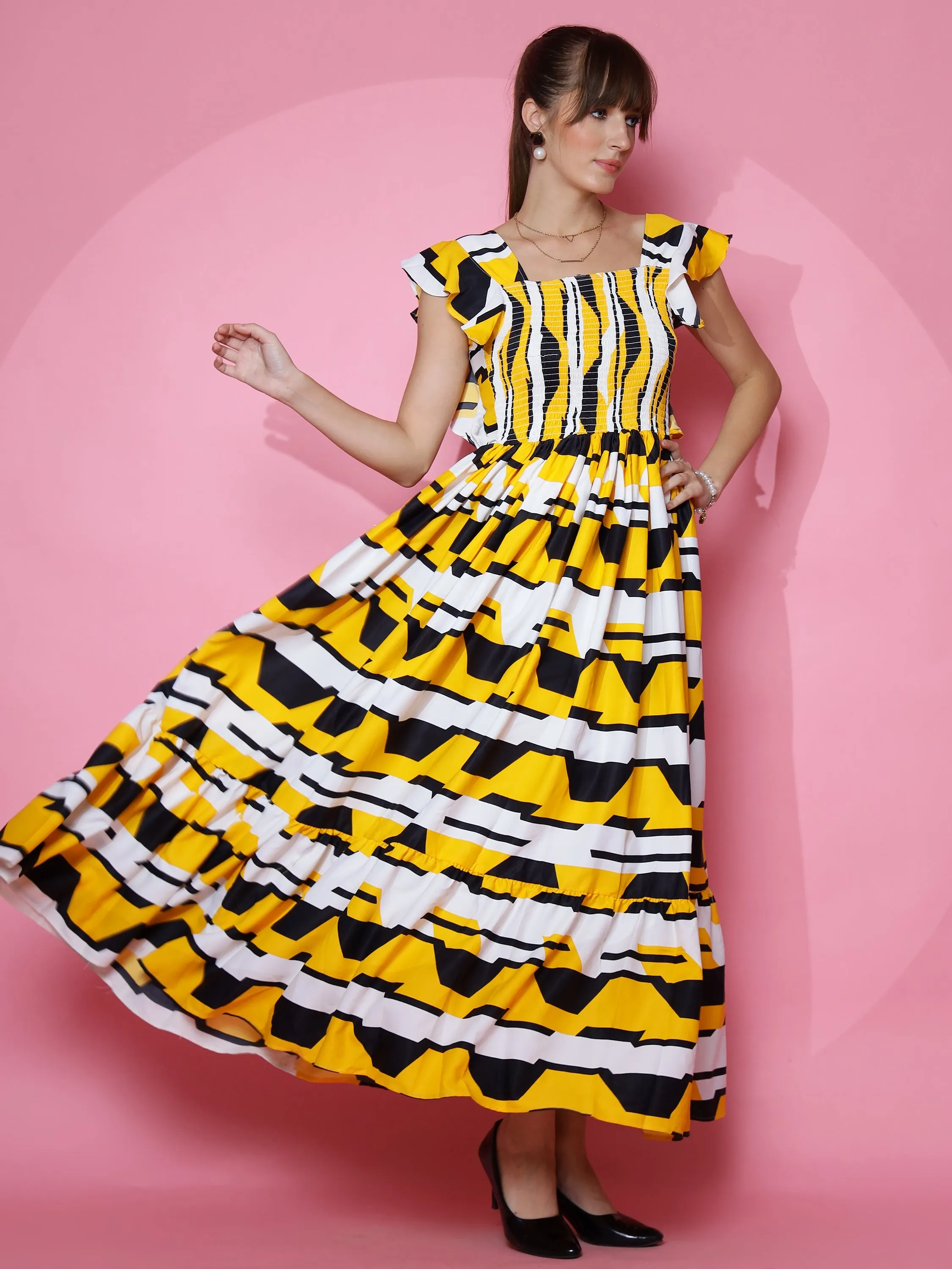 Yellow Printed Square Neck Maxi dress