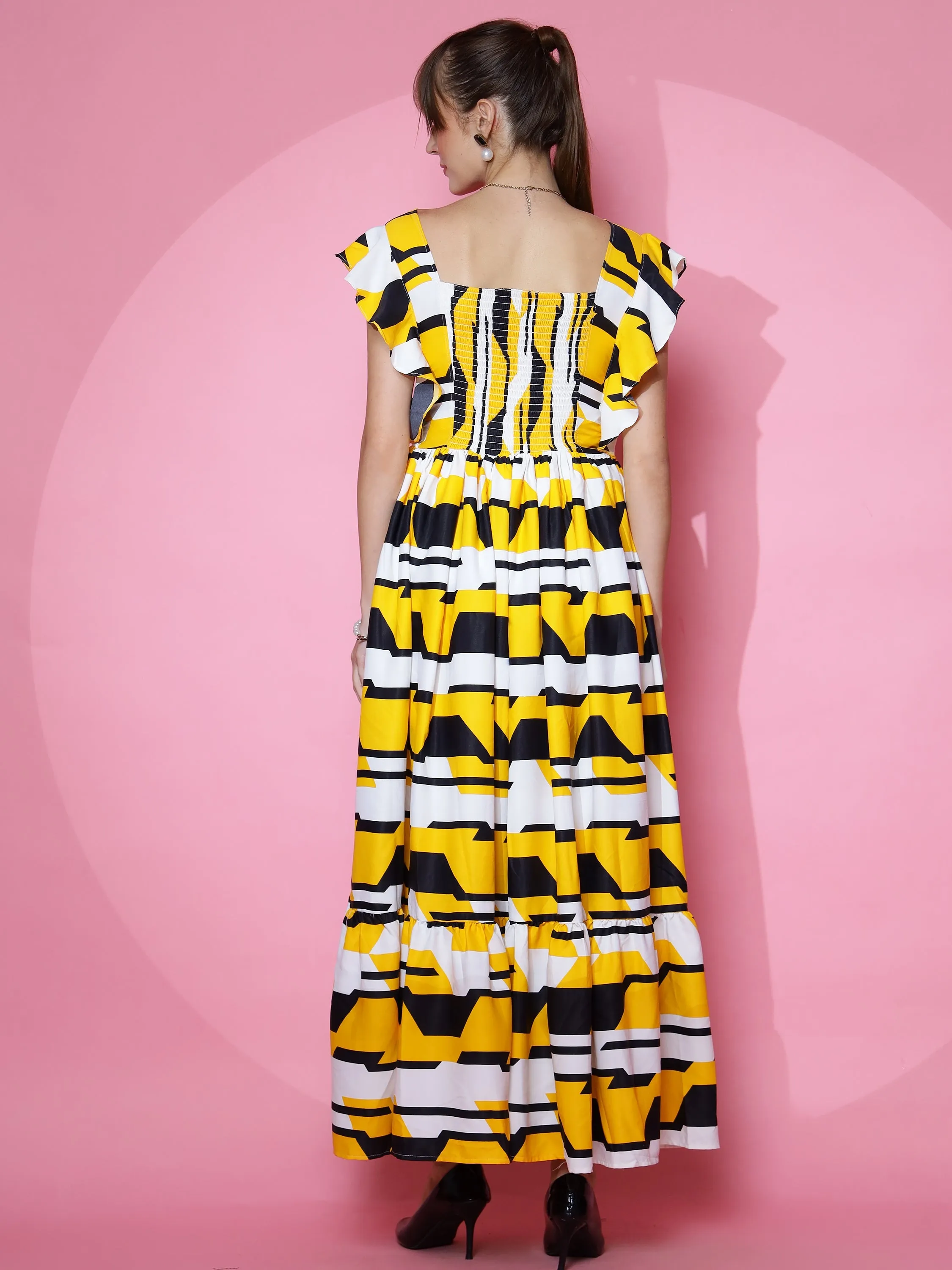 Yellow Printed Square Neck Maxi dress
