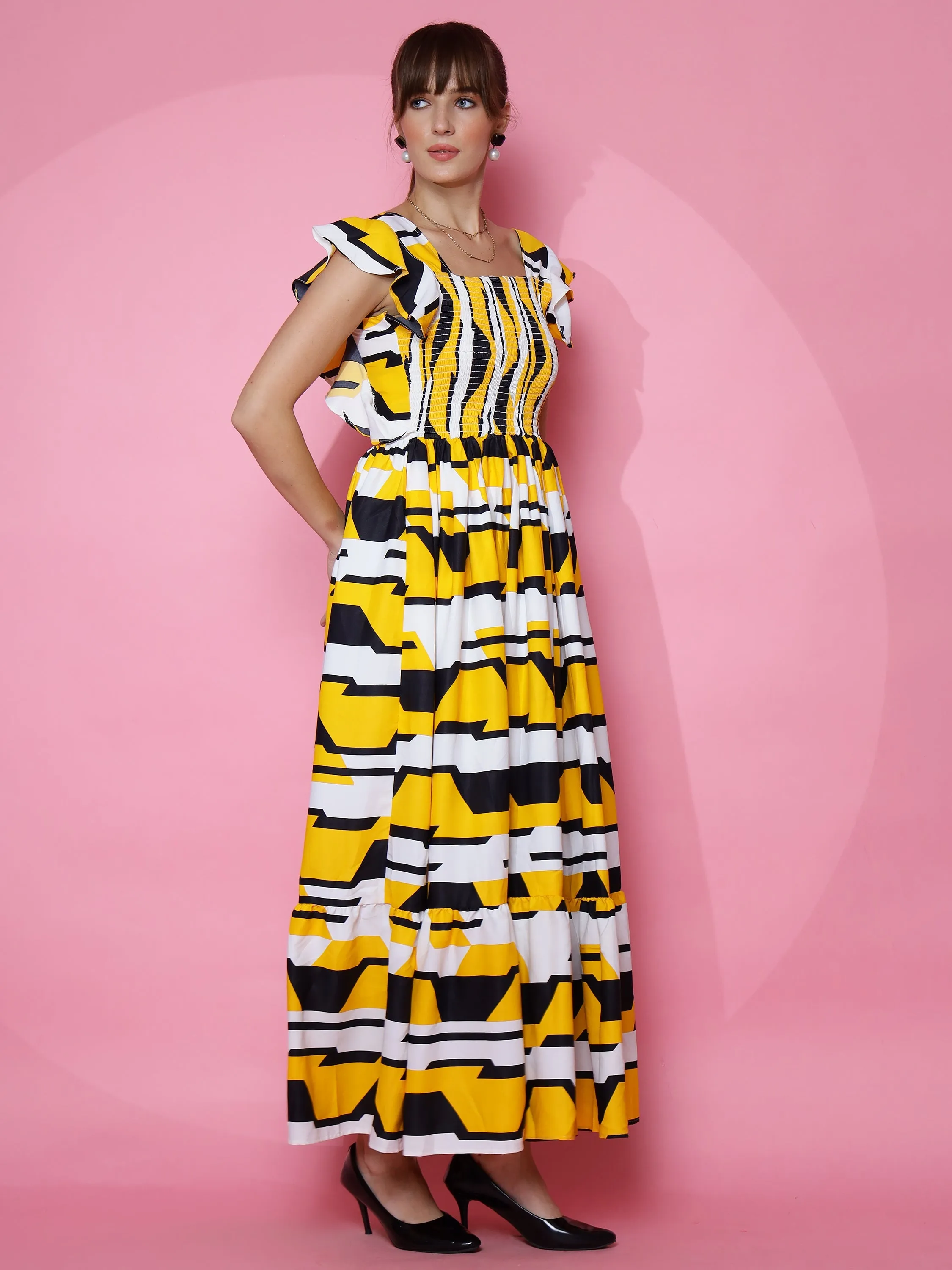 Yellow Printed Square Neck Maxi dress