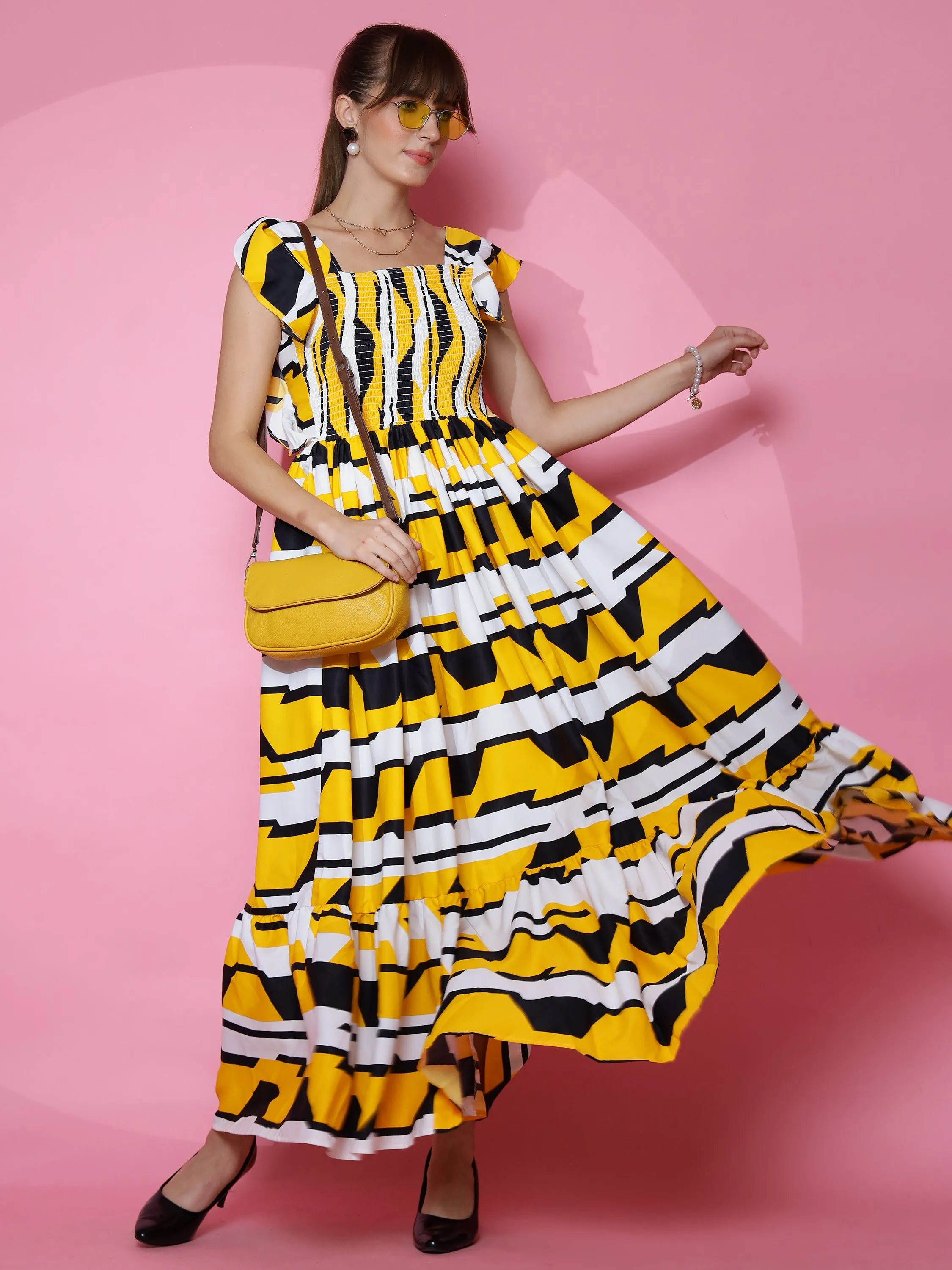 Yellow Printed Square Neck Maxi dress