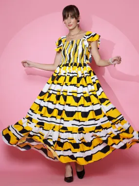 Yellow Printed Square Neck Maxi dress