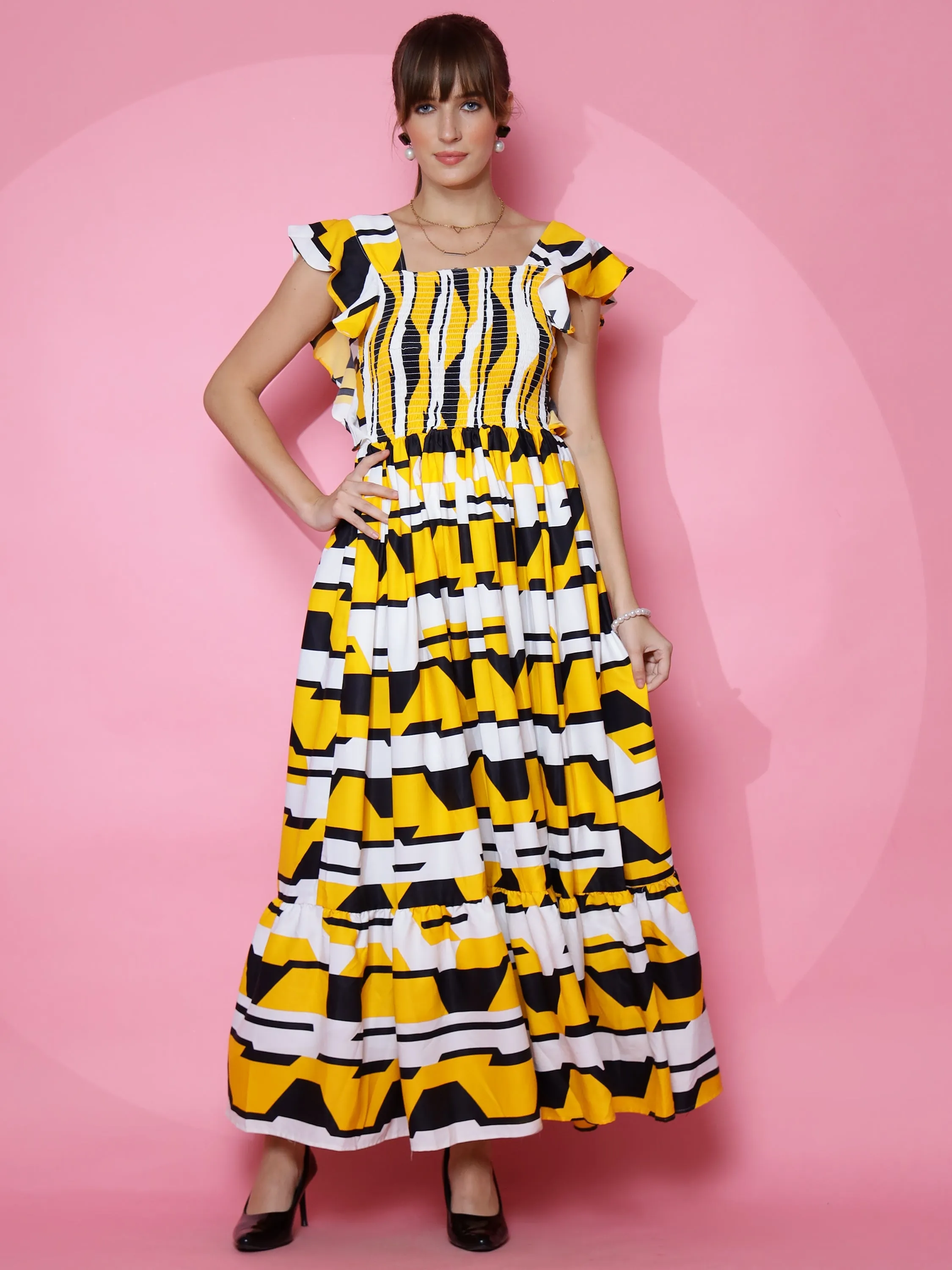 Yellow Printed Square Neck Maxi dress