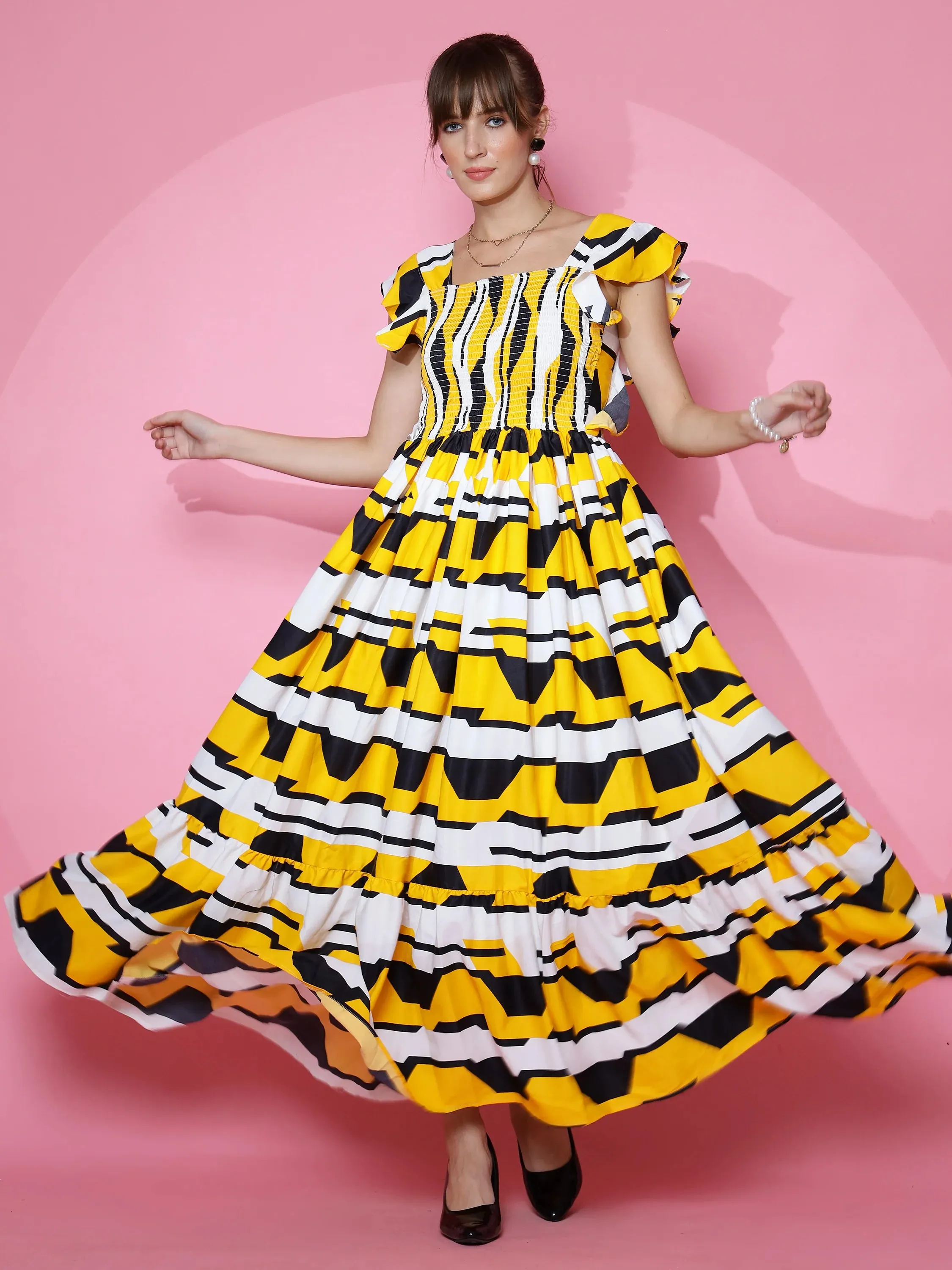 Yellow Printed Square Neck Maxi dress